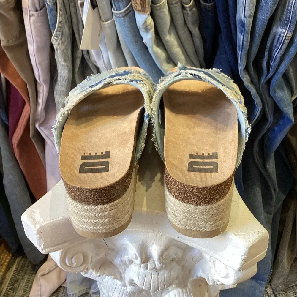 Dirty Laundry Blue Frayed Denim Platform Slide Sandals